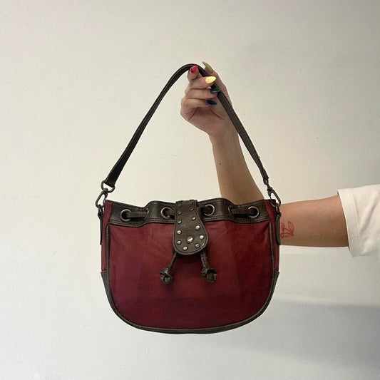 red and brown studded  faux leather shoulder bag