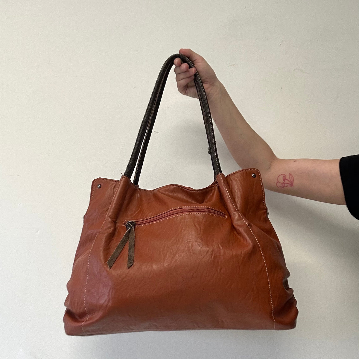 burnt orange brown faux leather flower detail shoulder bag