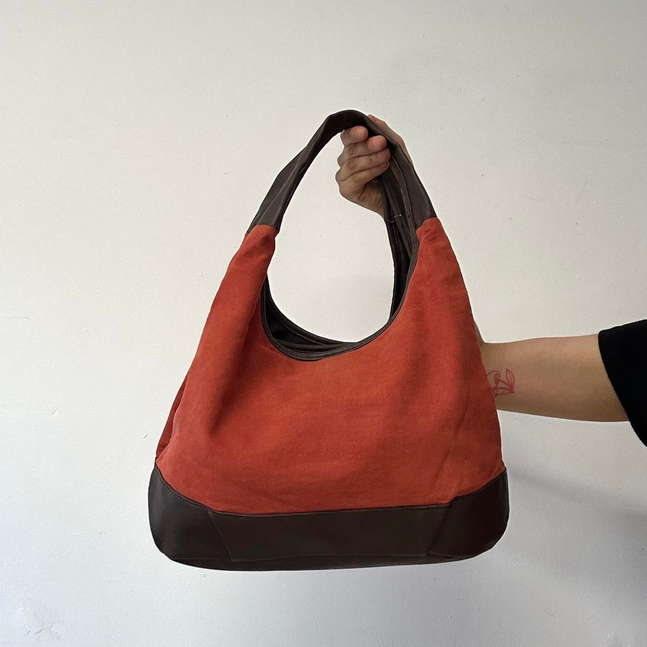 burnt orange soft feel and faux leather shoulder bag