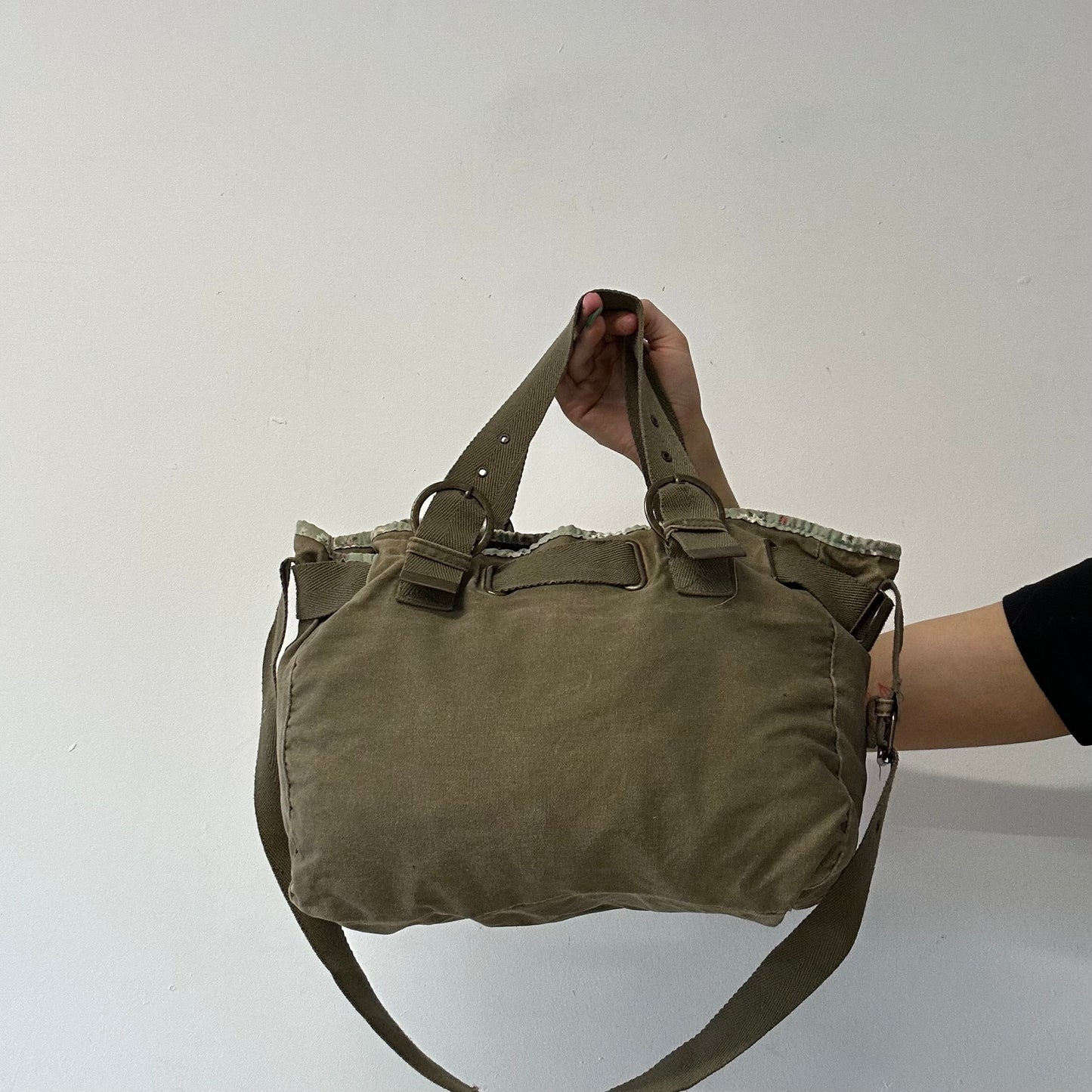 khaki and floral double pocket cargo shoulder bag