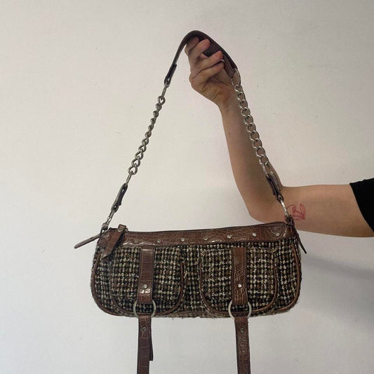 brown plaid double pocket shoulder bag