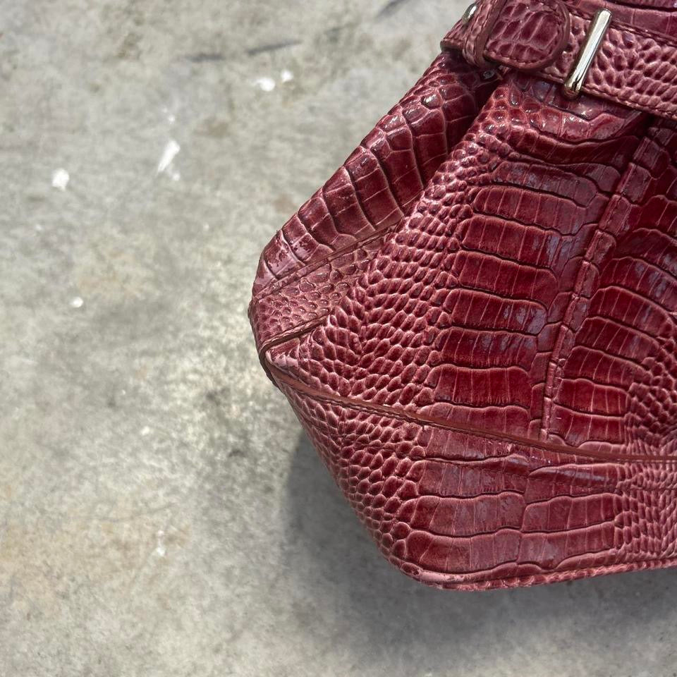 red pink faux leather croc effect shoulder bag