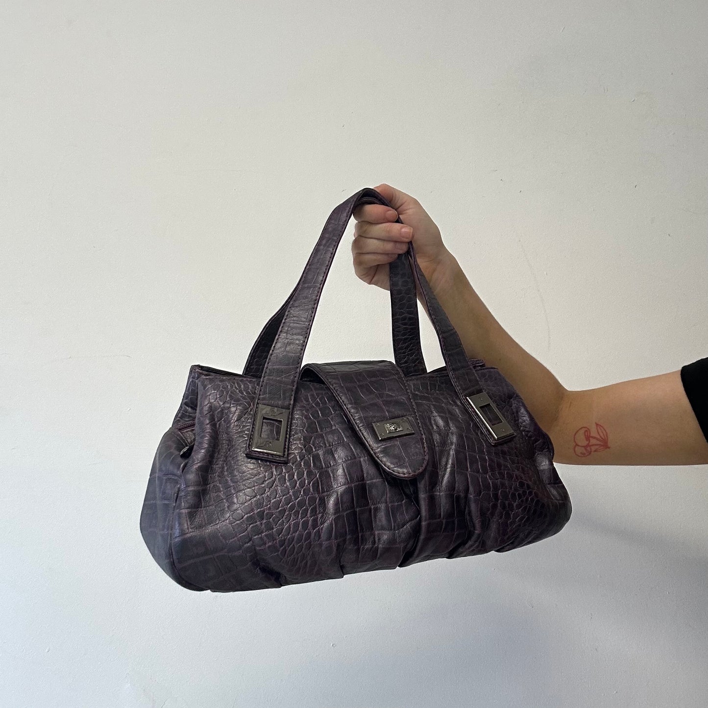 purple croc effect faux leather shoulder bag