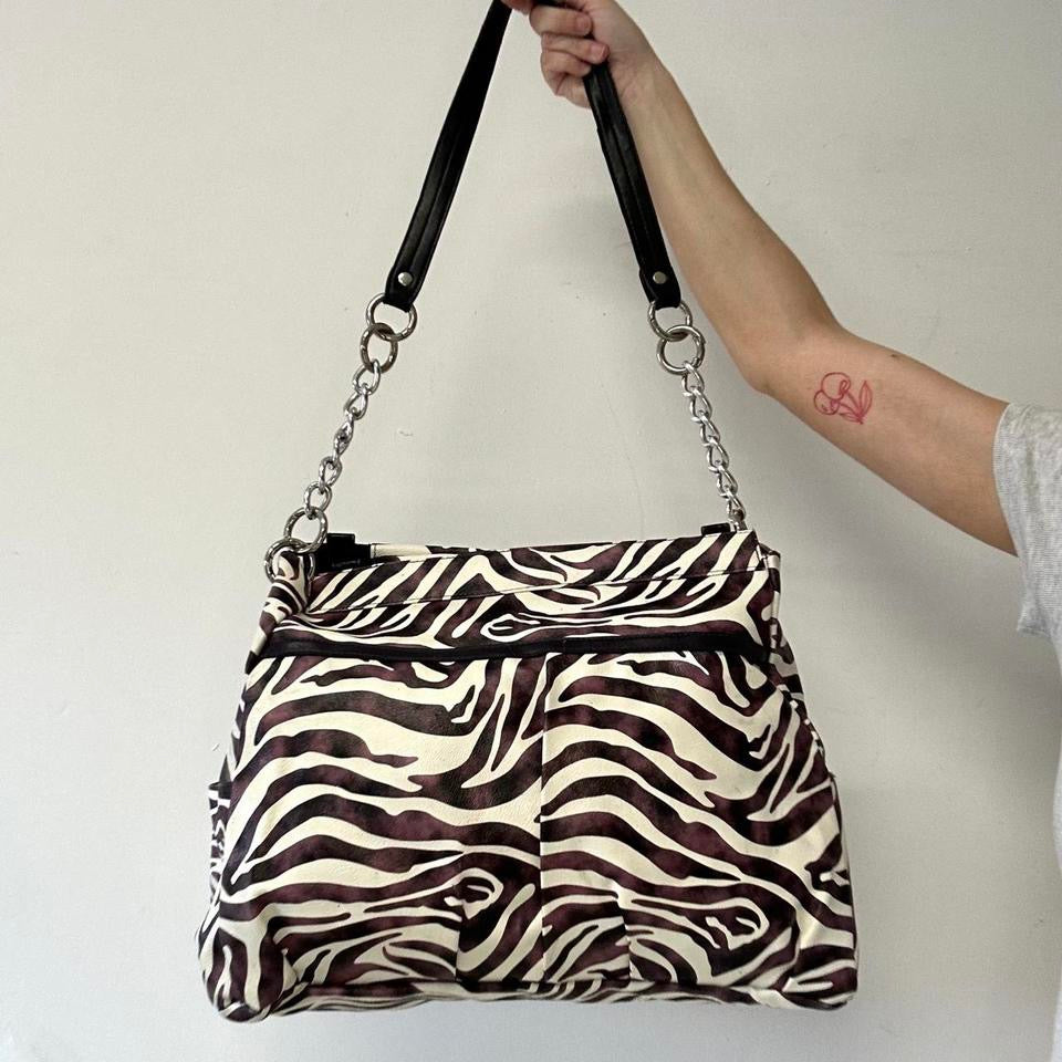 purple zebra print faux leather shoulder bag