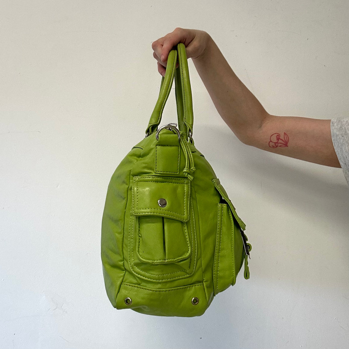 green double pocket faux leather shoulder bag