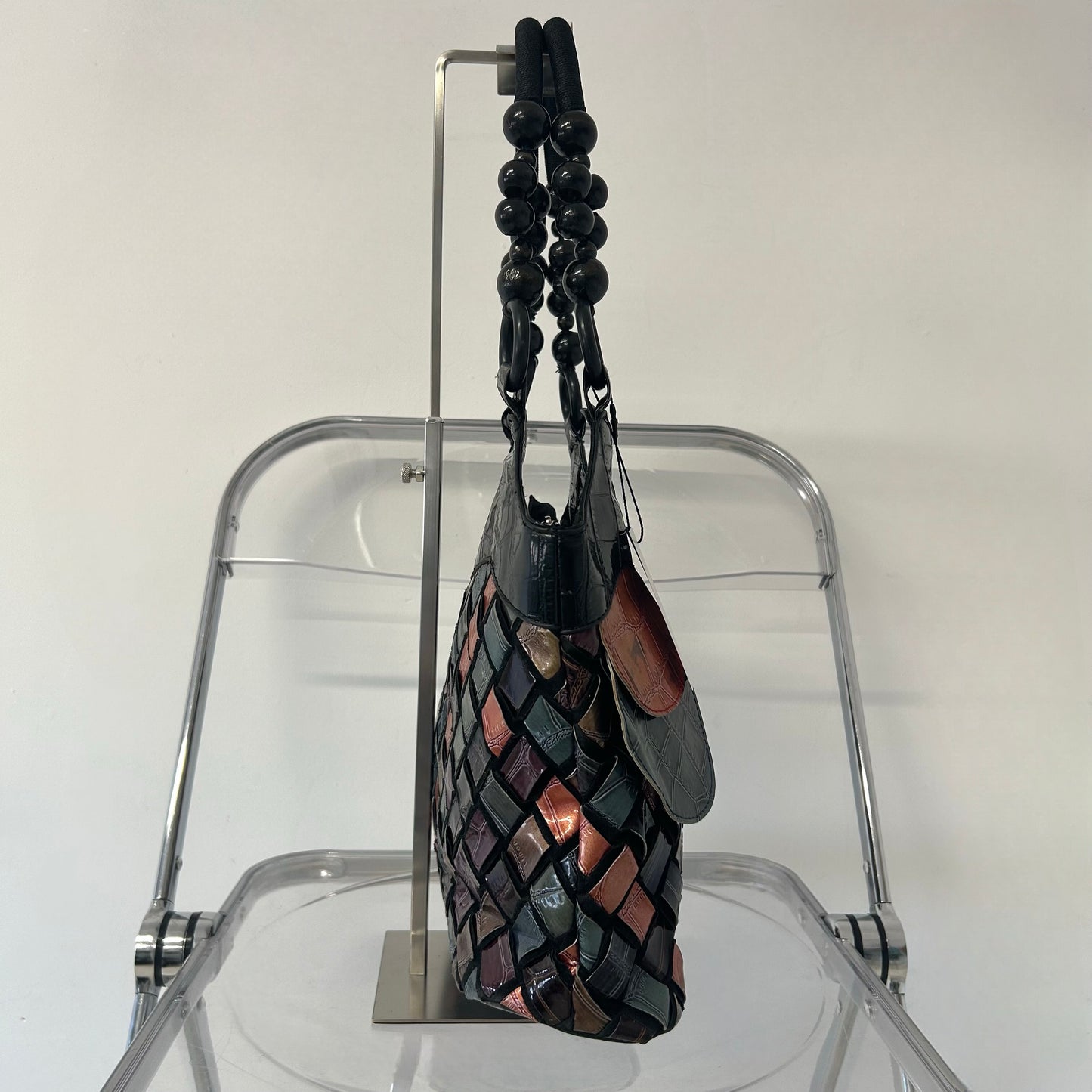 multicoloured patchwork faux leather beaded disc woven shoulder bag