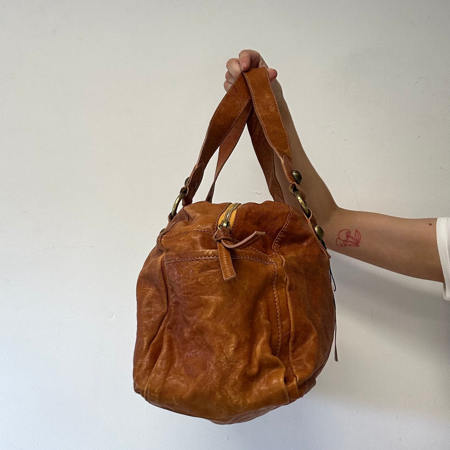 tanned brown large blue genuine leather shoulder bag