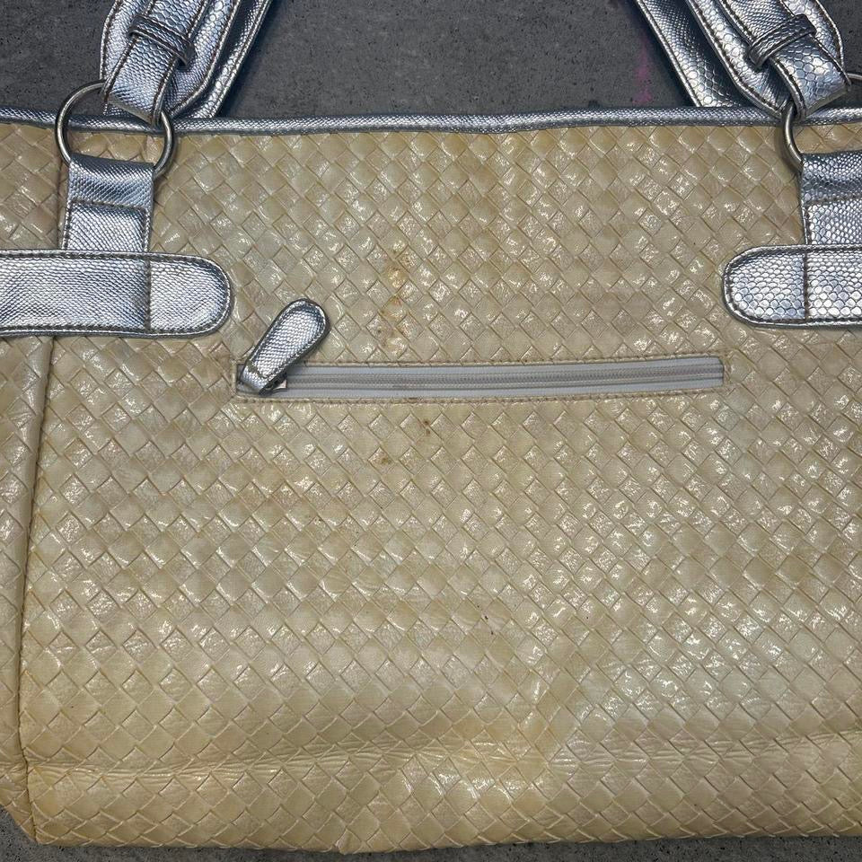 yellow and silver faux leather woven effect shoulder bag