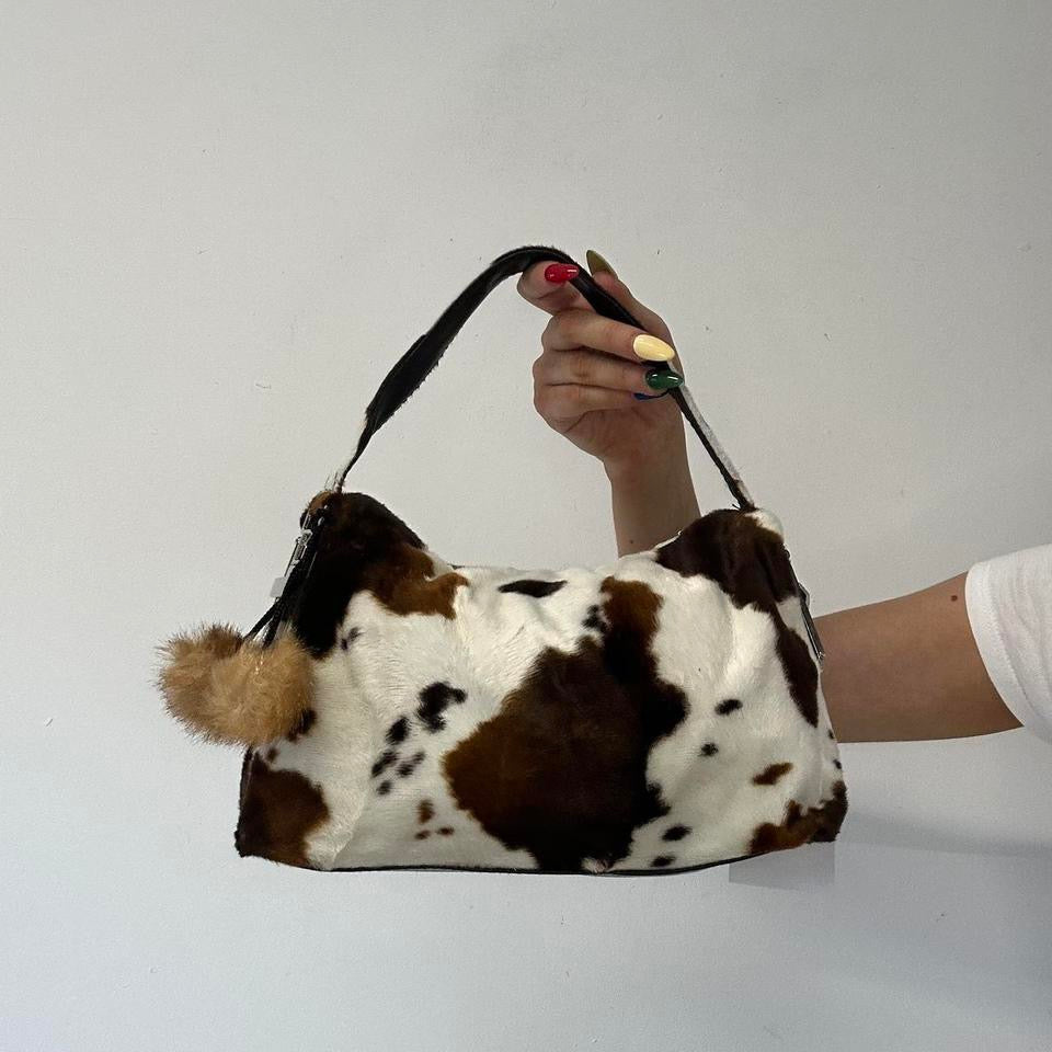 cow print faux fur mini shoulder bag