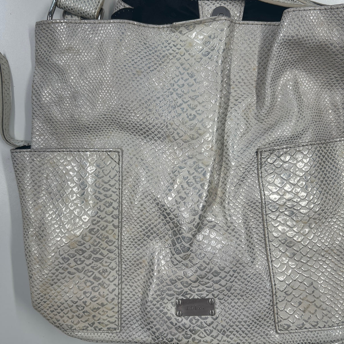 white and silver croc effect faux leather shoulder bag