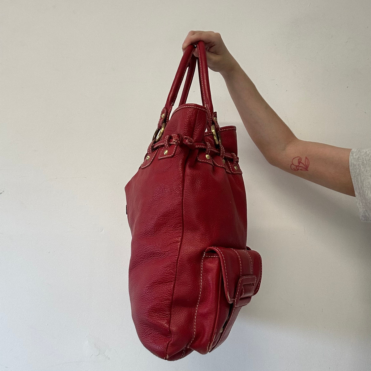 red genuine leather double pocket shoulder bag