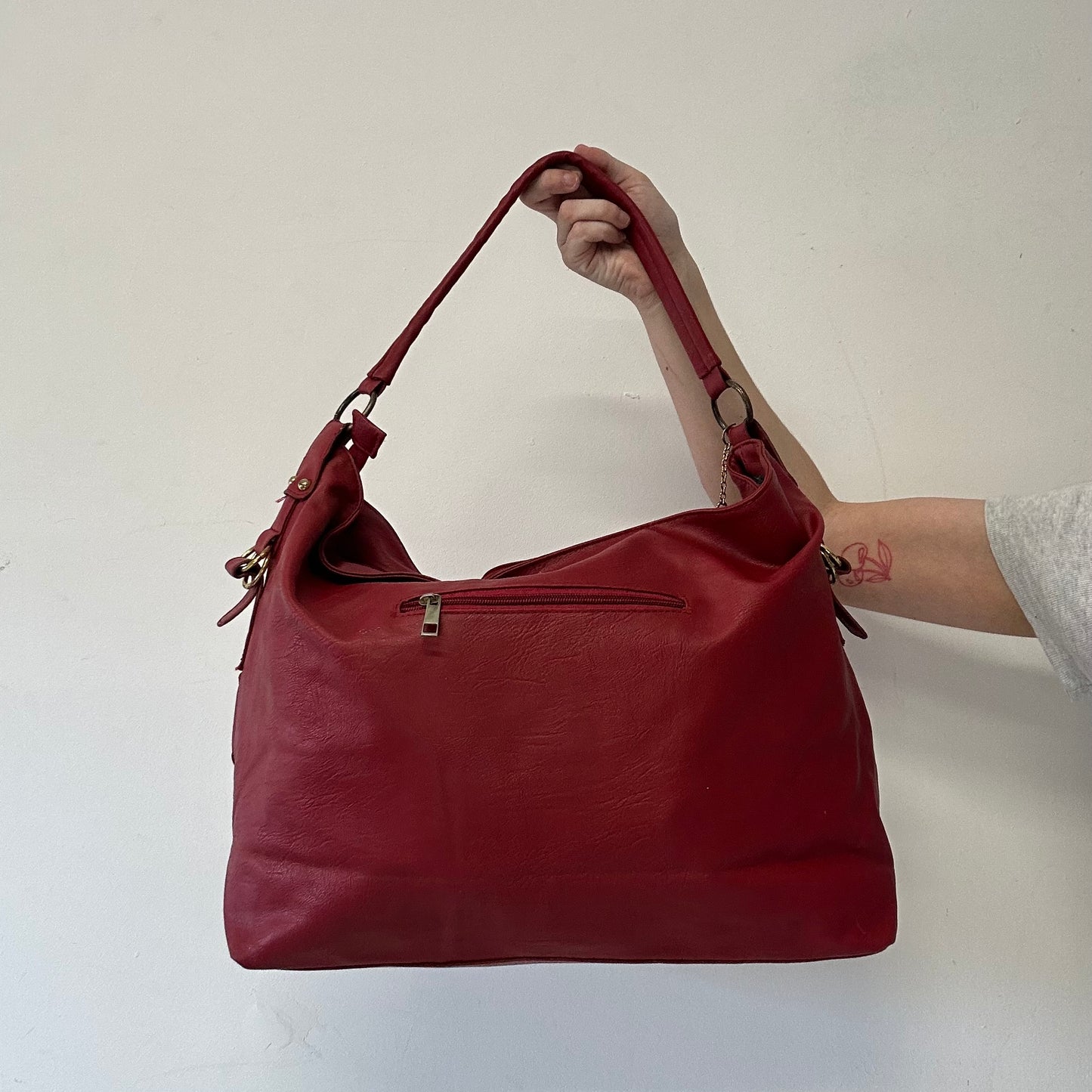 red double buckle faux leather shoulder bag