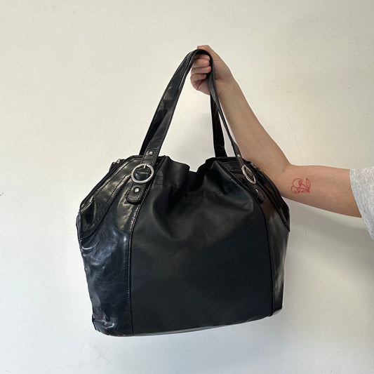 black double buckle faux leather shoulder bag
