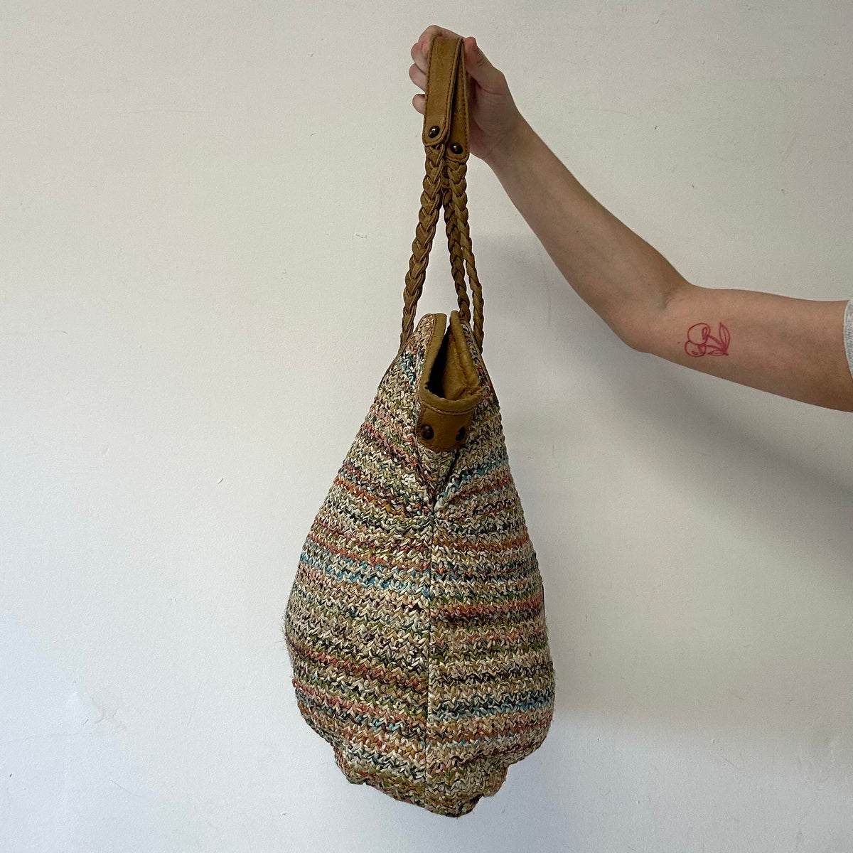 multicoloured woven beach shoulder bag
