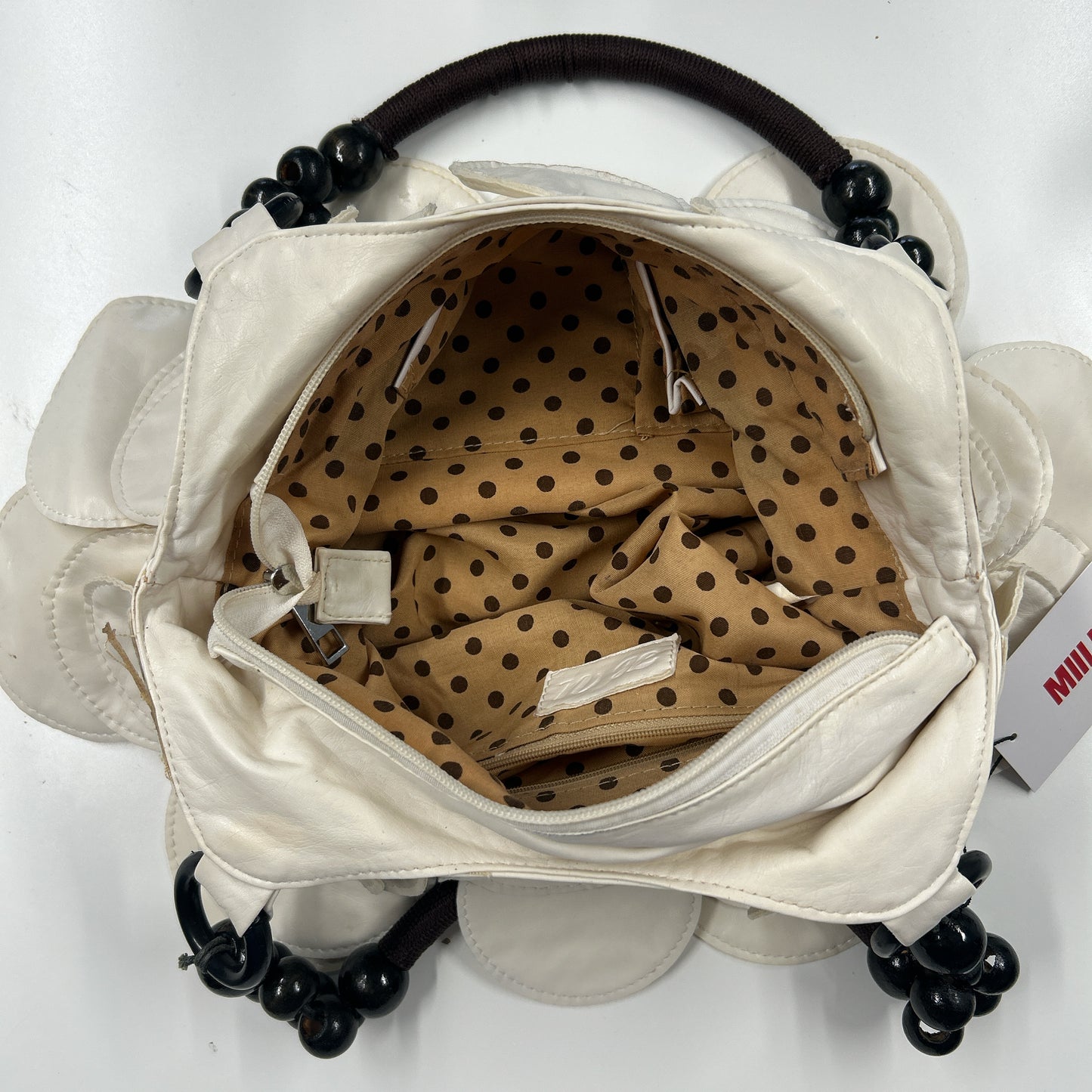 white faux leather disc beaded shoulder bag