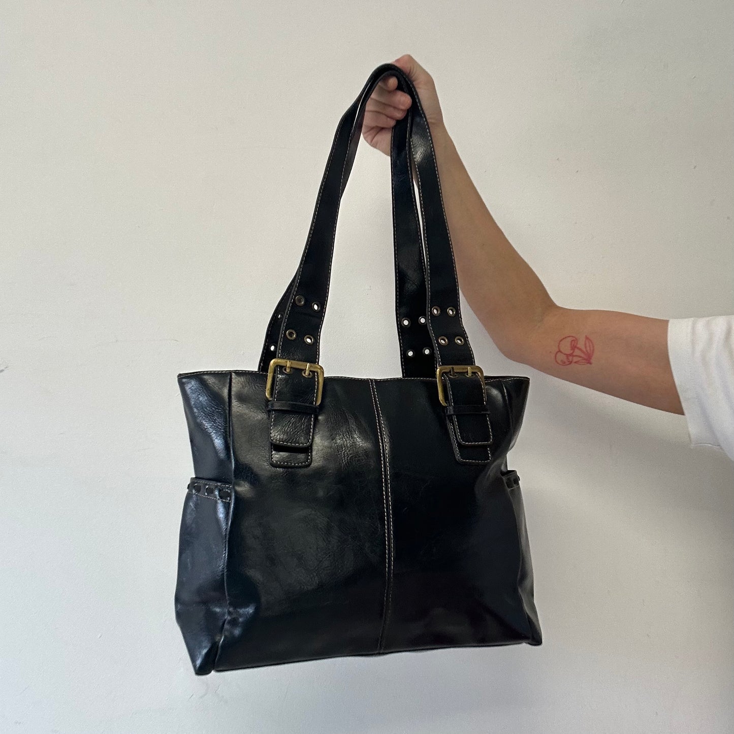 black double buckle faux leather shoulder bag