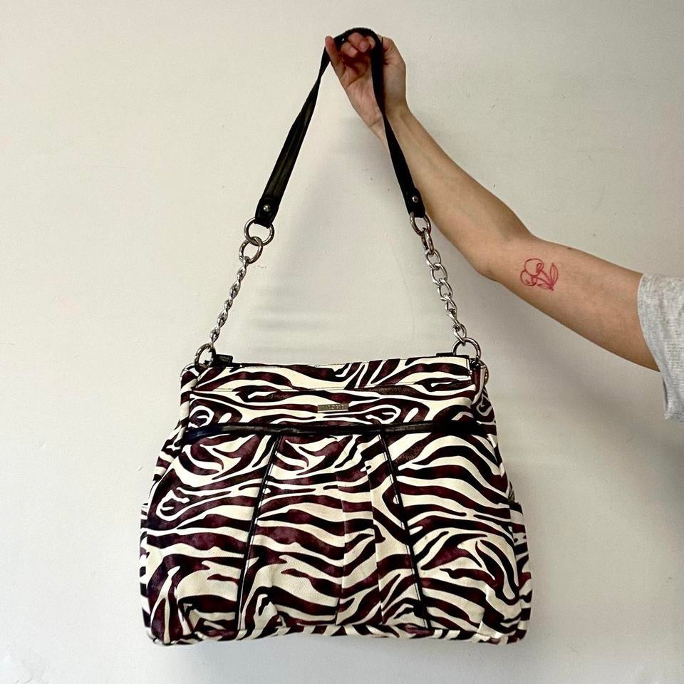 purple zebra print faux leather shoulder bag
