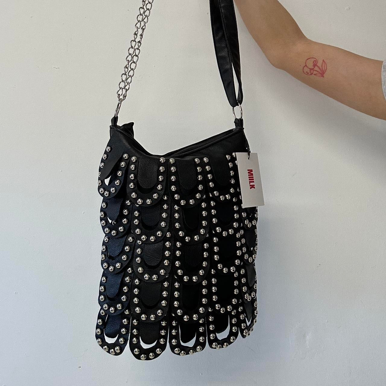 black faux leather studded layered shoulder bag