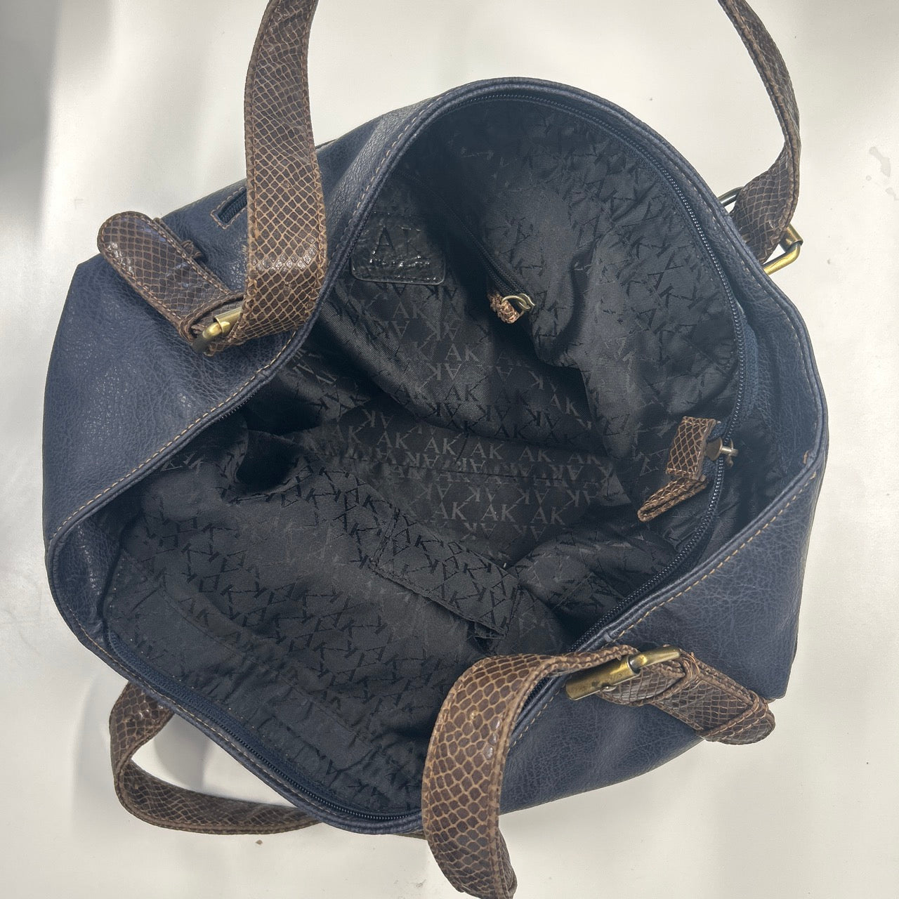 navy double buckle genuine leather shoulder bag