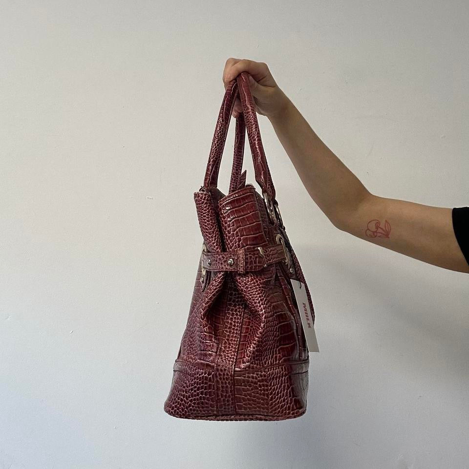 red pink faux leather croc effect shoulder bag