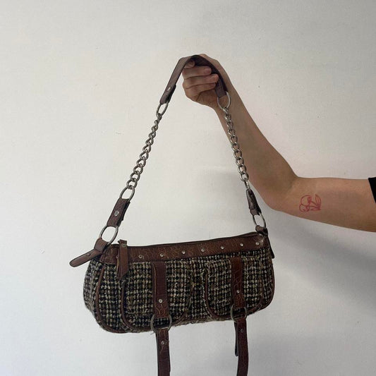 brown plaid double pocket shoulder bag