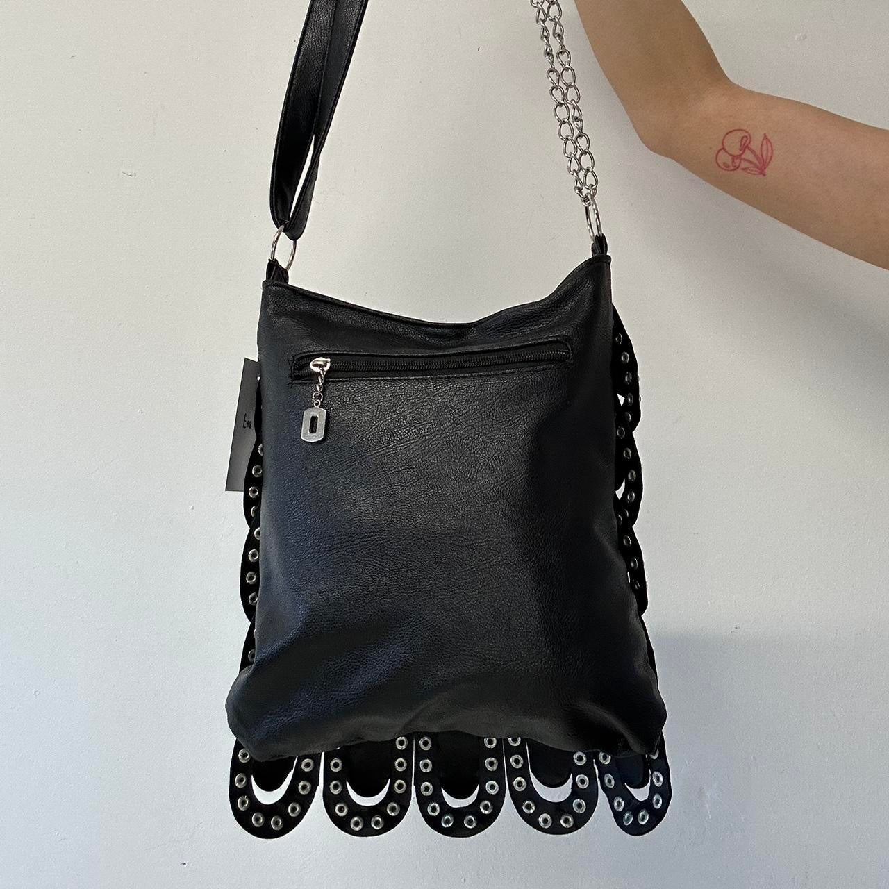 black faux leather studded layered shoulder bag