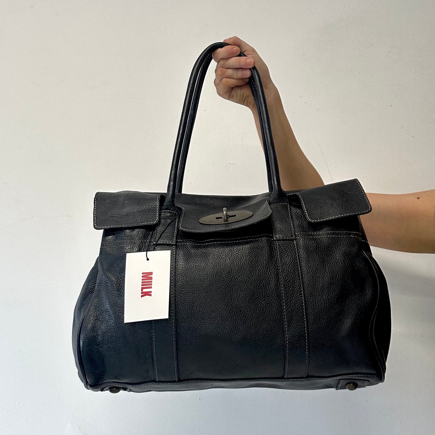 black genuine leather buckle shoulder bag