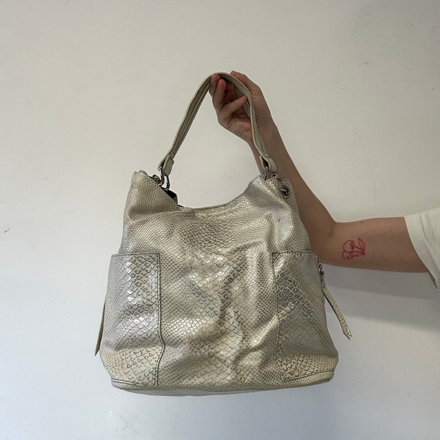 white and silver croc effect faux leather shoulder bag