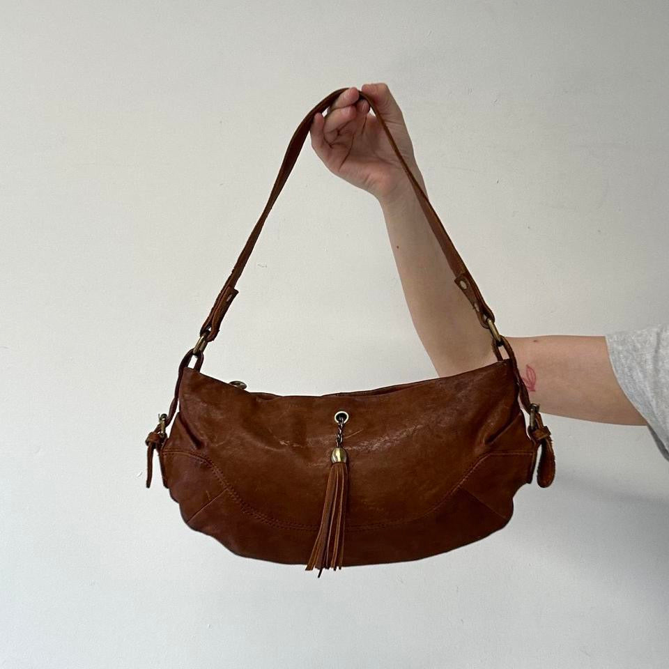 brown half crescent genuine leather shoulder bag