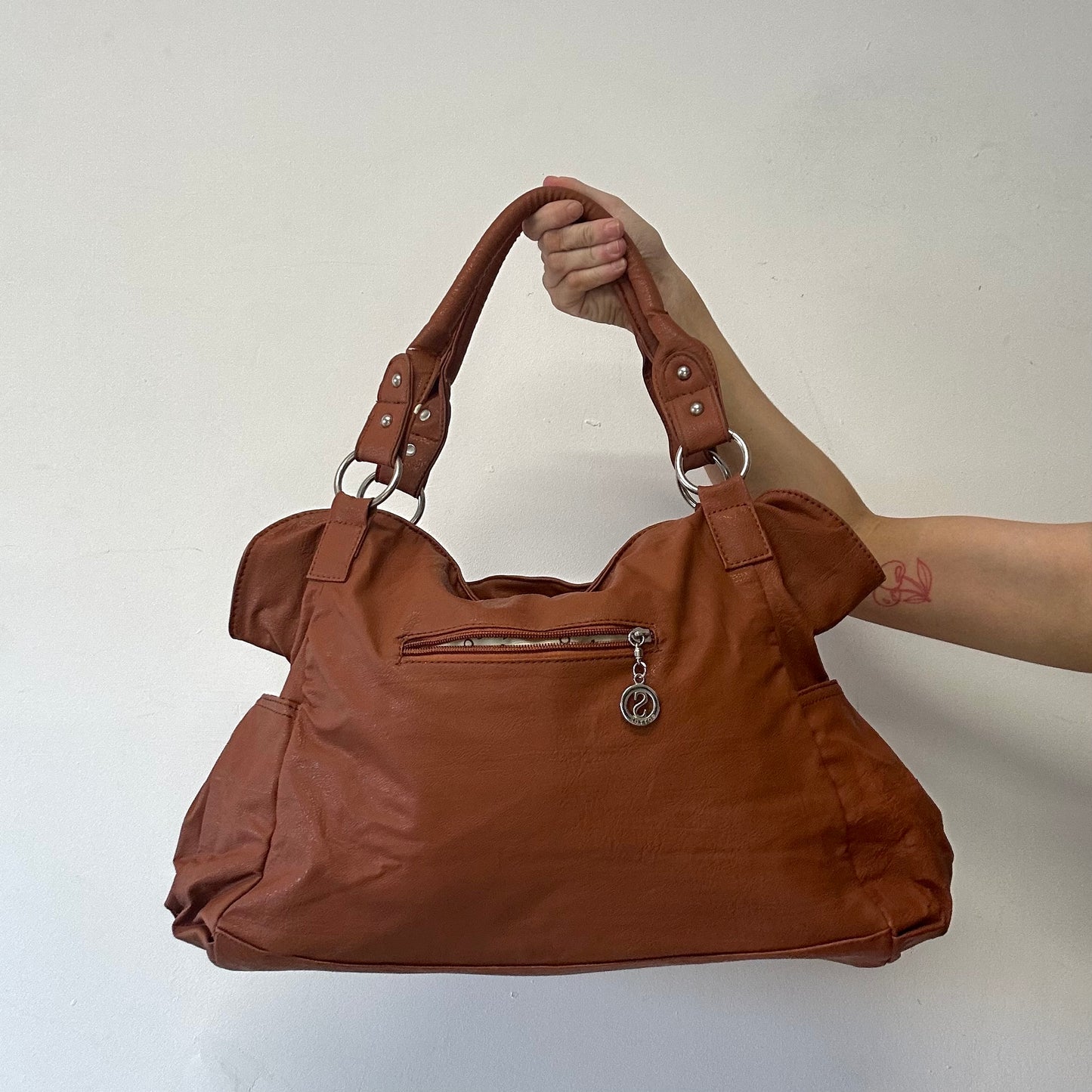 brown buckle faux leather shoulder bag