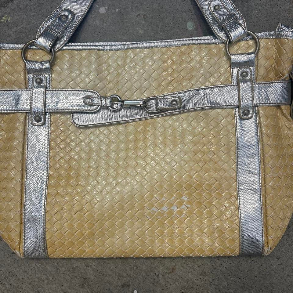 yellow and silver faux leather woven effect shoulder bag