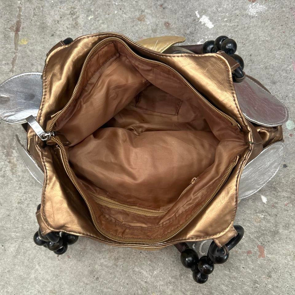 bronze silver gold faux leather disc beaded shoulder bag