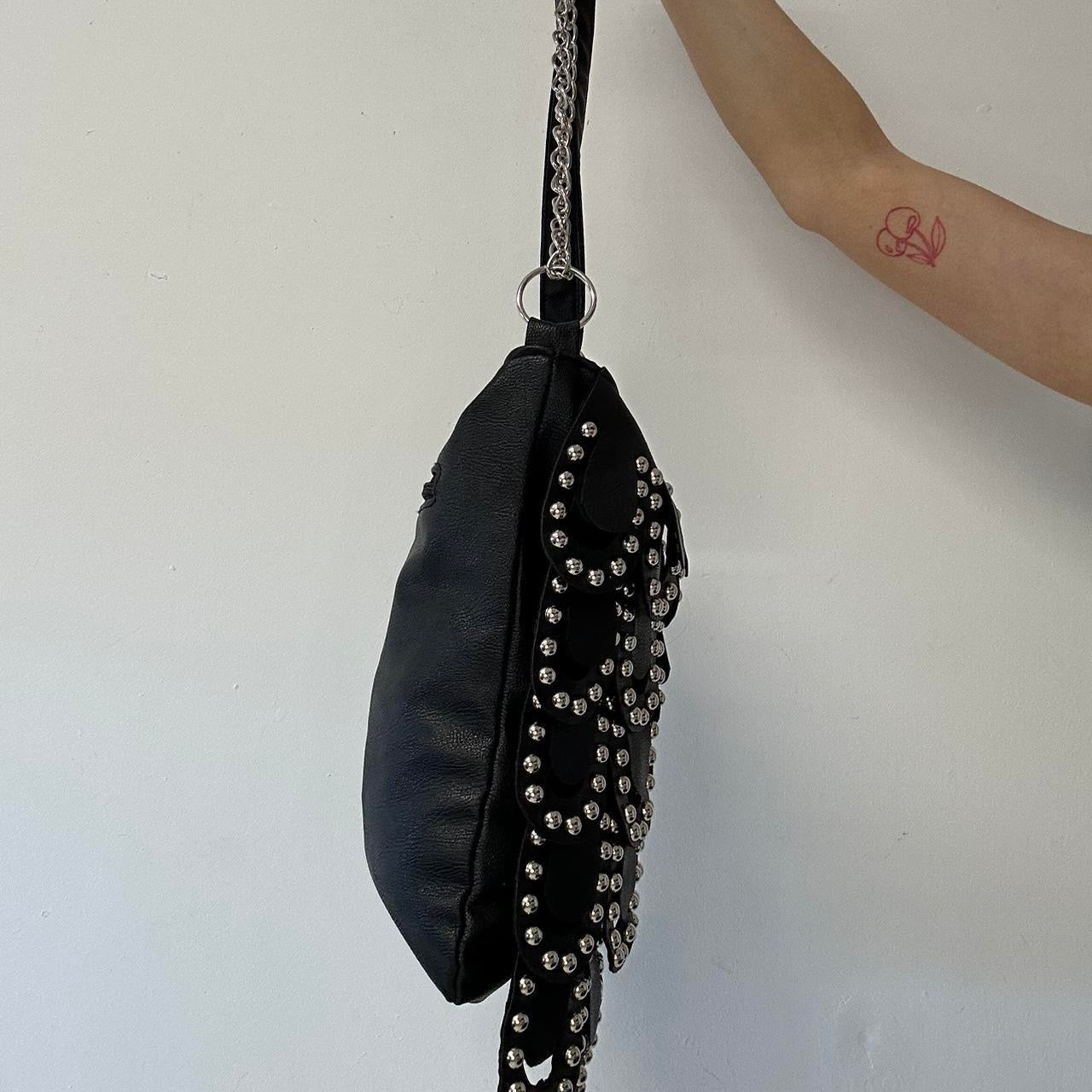 black faux leather studded layered shoulder bag