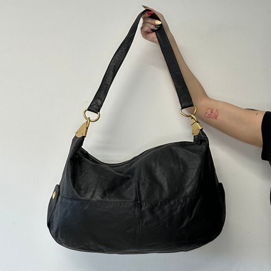 black faux leather large sling bag