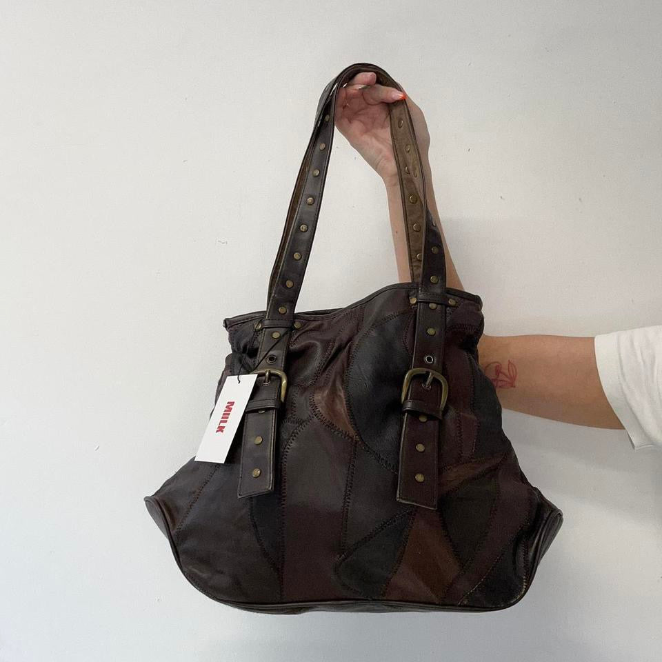 brown patchwork leather studded shoulder bag