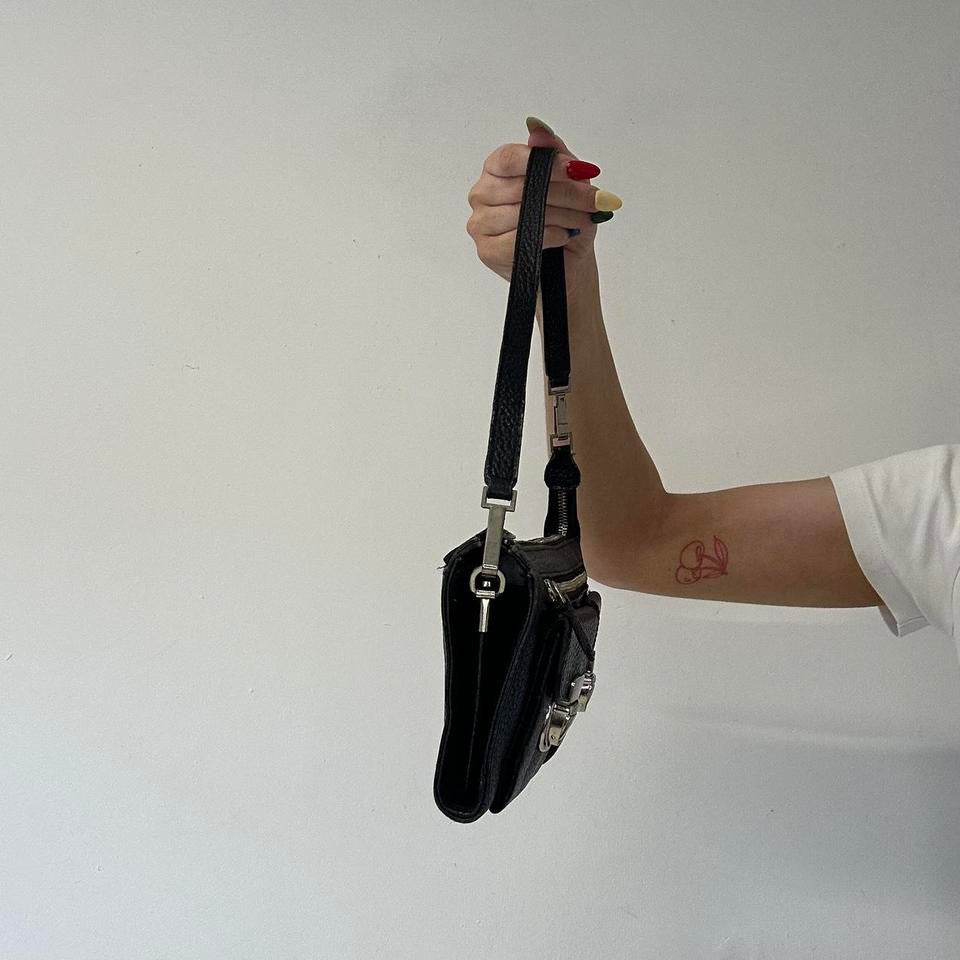 black faux leather double pocket mini shoulder bag