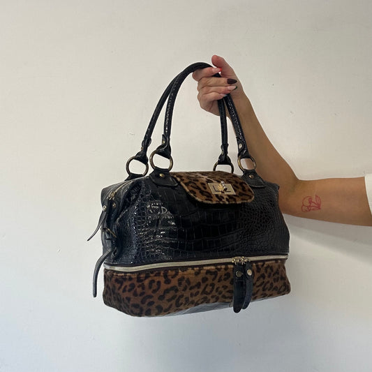 black croc effect and leopard print shoulder bag