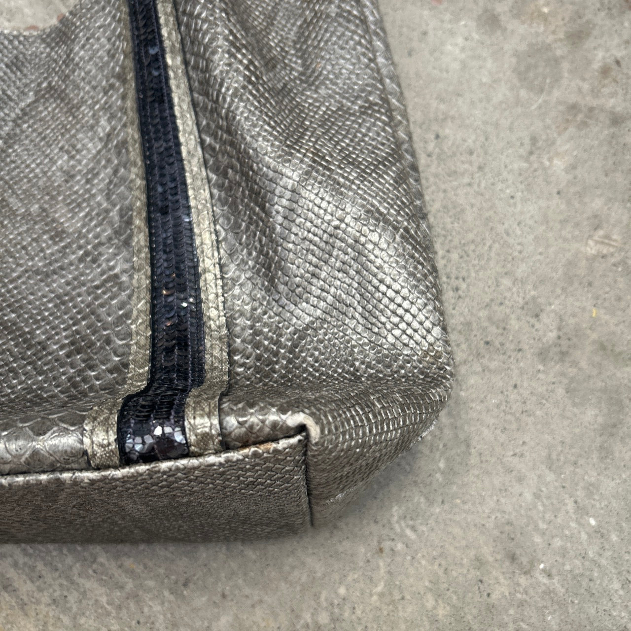 silver and sequinned croc effect faux leather shoulder bag