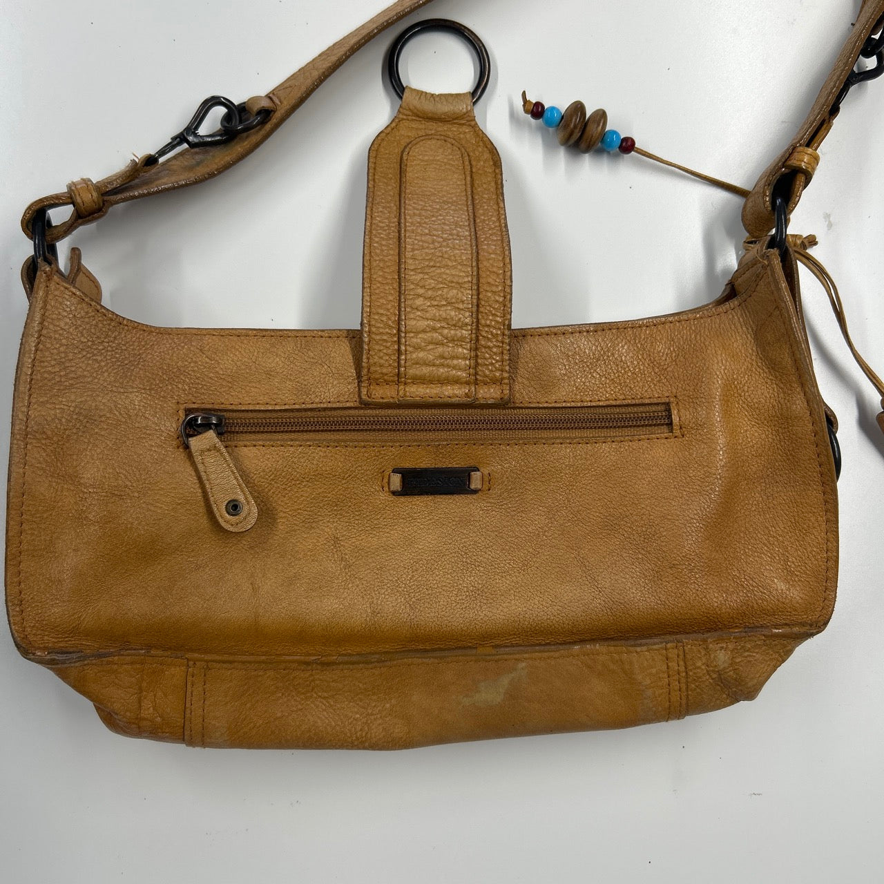 tanned genuine leather double pocket shoulder bag