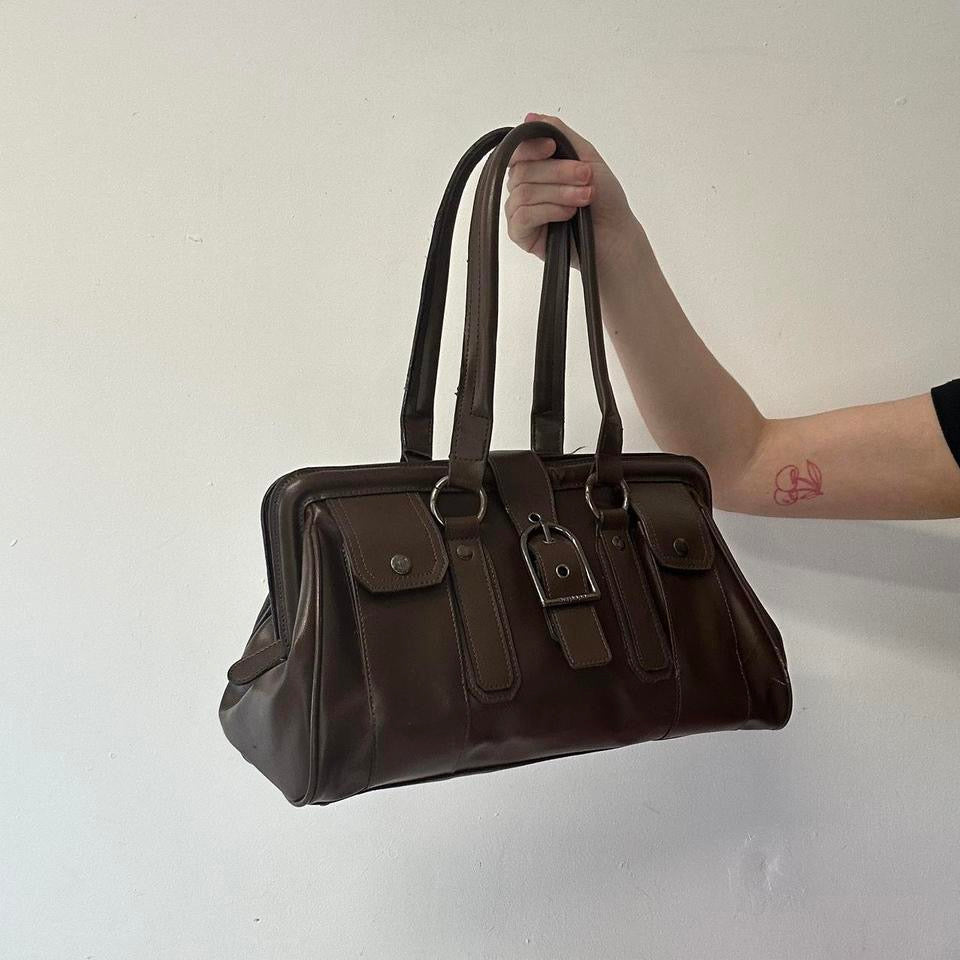 brown faux leather double buckle shoulder bag