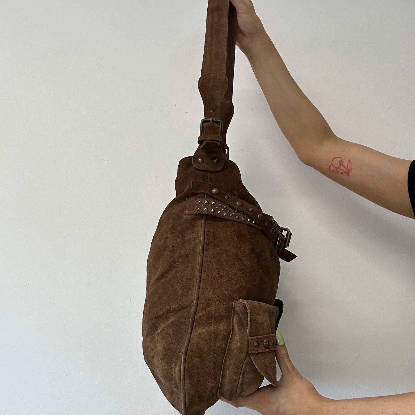 brown suede studded belt shoulder bag