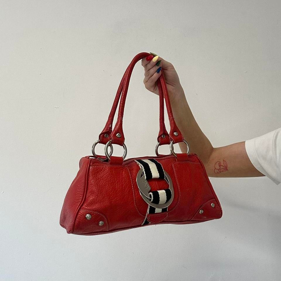 red genuine leather silver buckle  shoulder bag