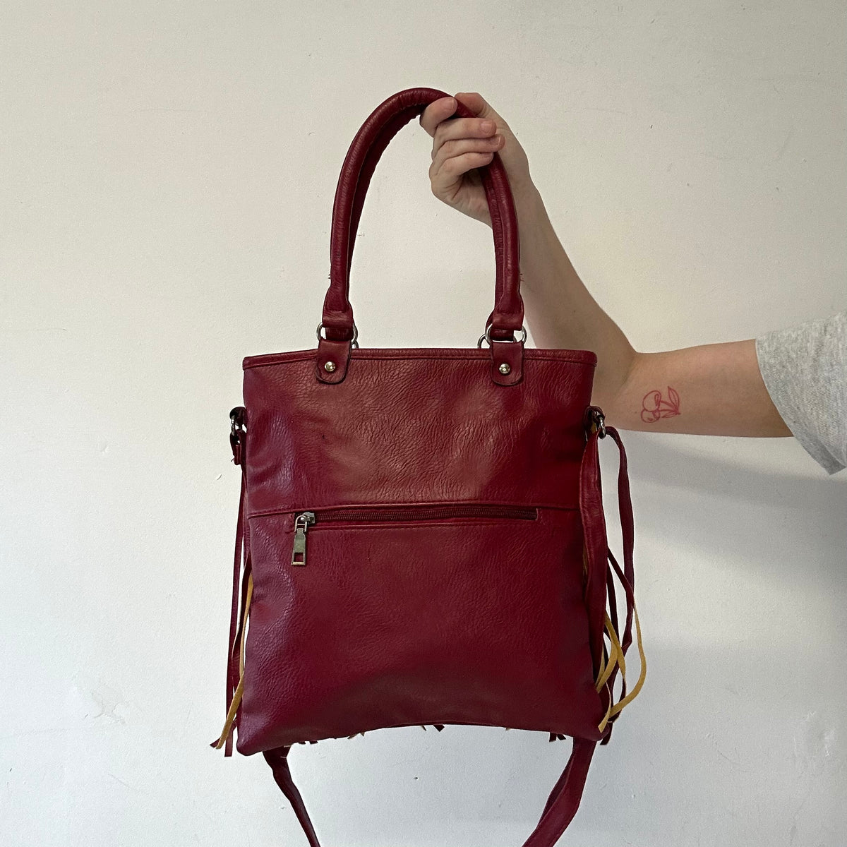 red genuine leather fringe festival shoulder bag