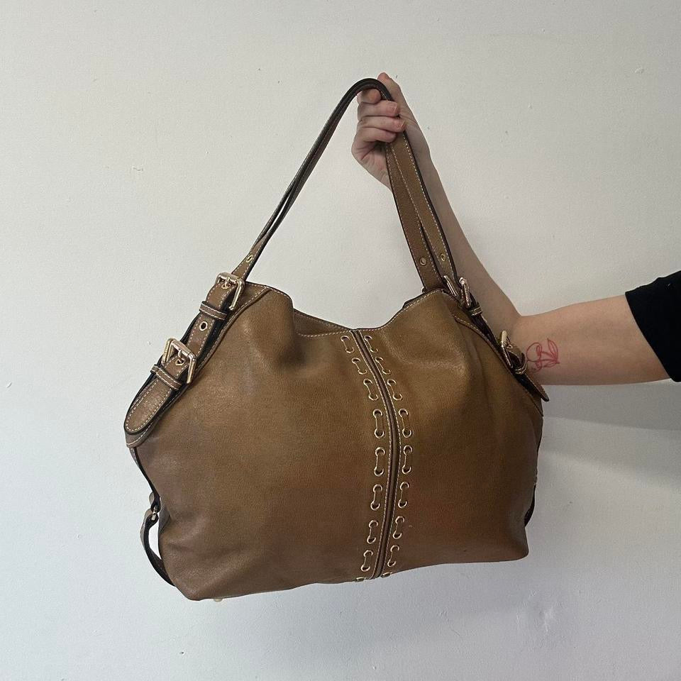 brown faux leather eyelet shoulder bag