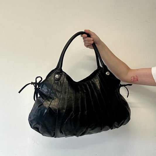 black pleated faux leather bows shoulder bag