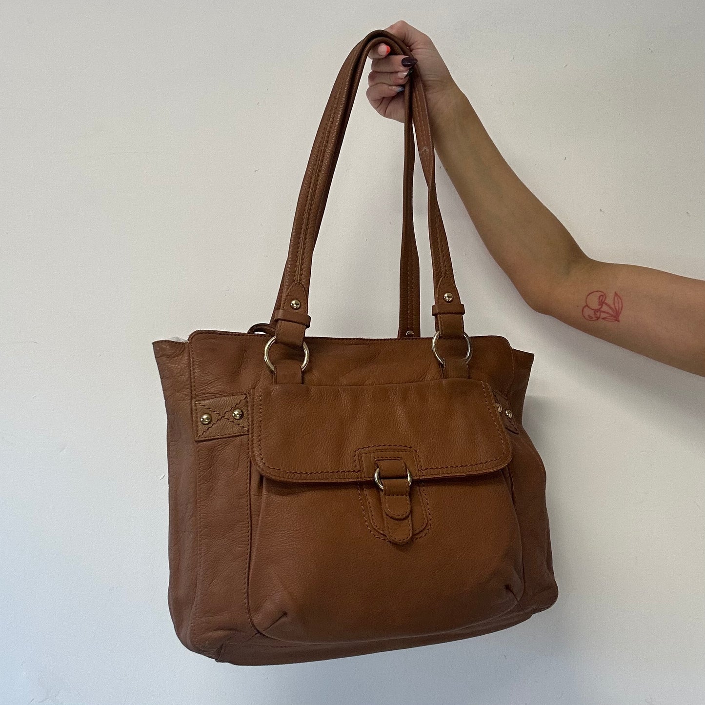 brown buckle leather shoulder bag