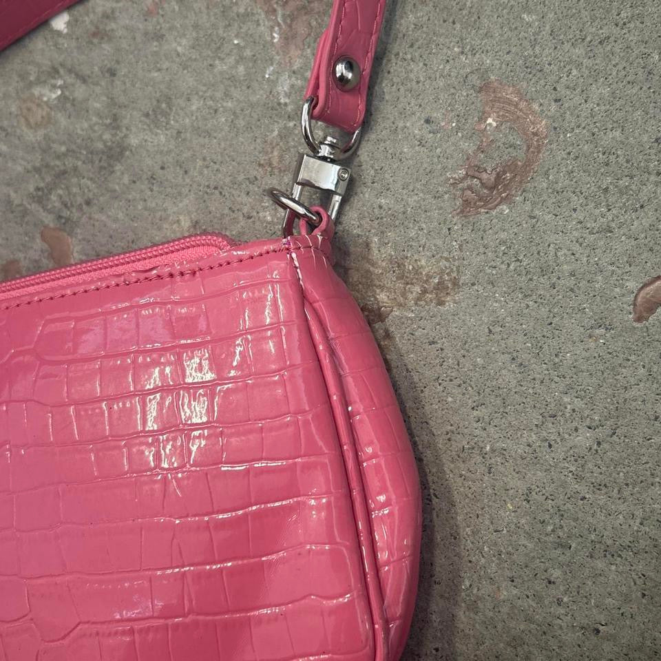 pink faux leather croc effect shoulder bag