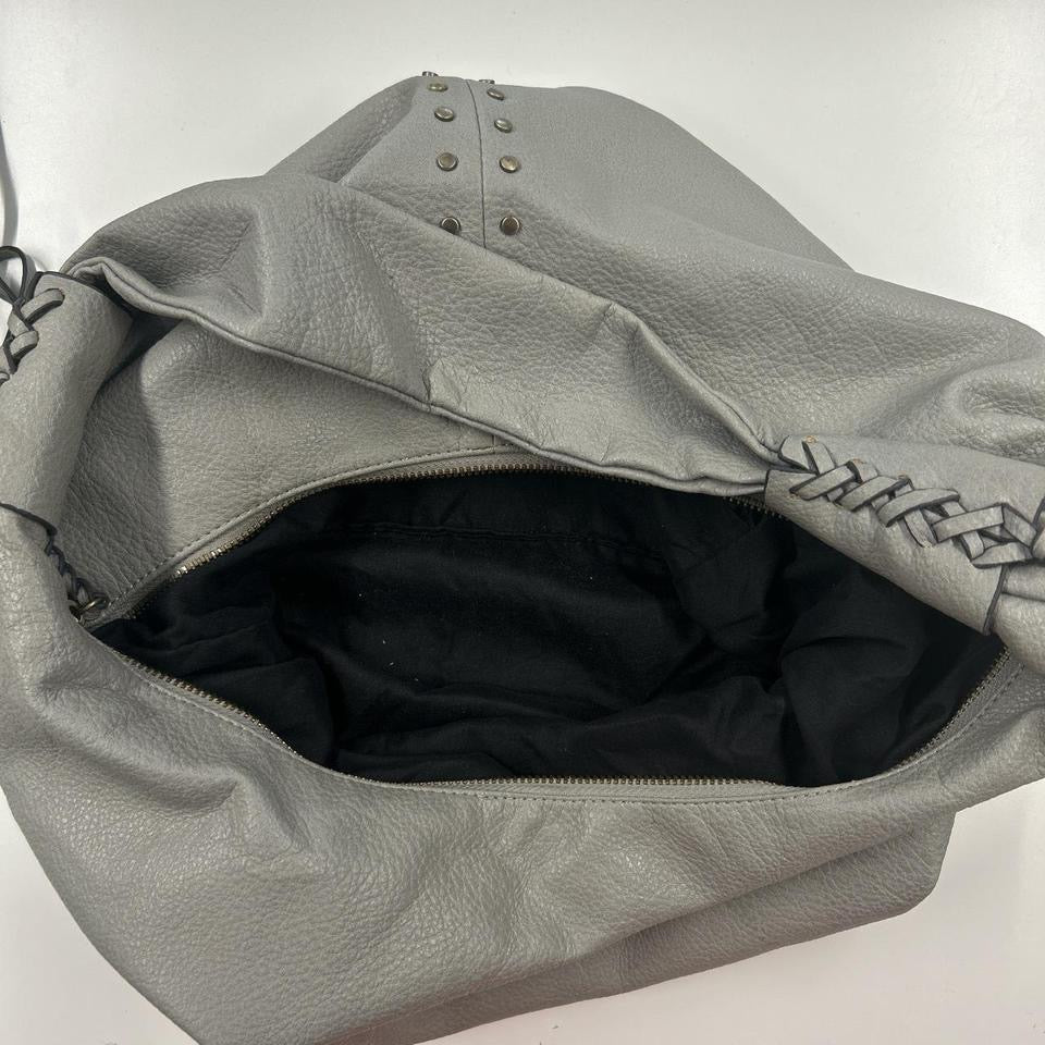 grey studded slouchy faux leather shoulder bag