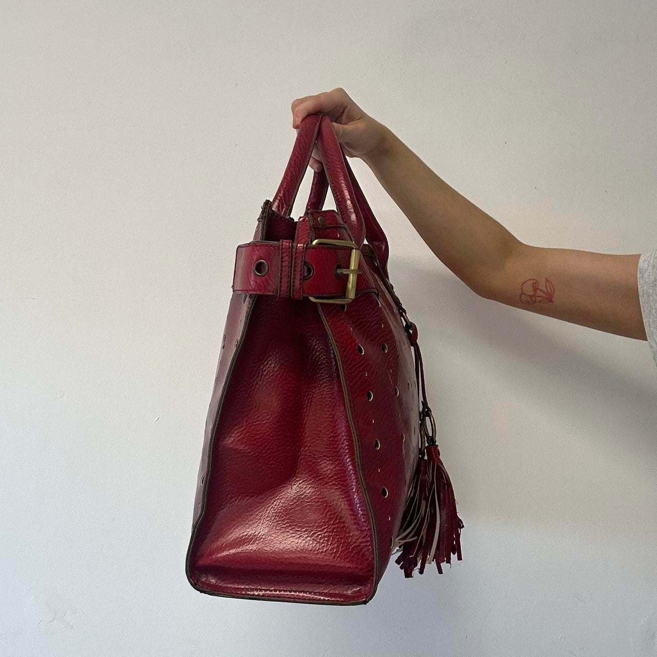 red faux leather studded buckle shoulder bag