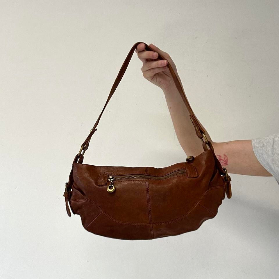 brown half crescent genuine leather shoulder bag